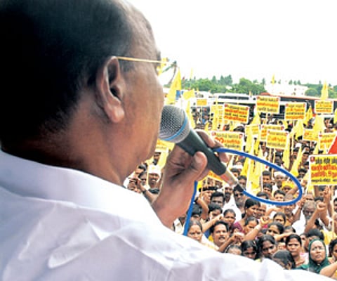 PMK founder leader Dr S Ramadoss addressing a protest demonstration seeking exclusive quota for Vanniyars, in the city on Wednesday. ENS
