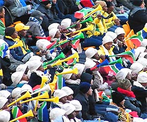 South African soccer fans blowing vuvuzela during a FIFA World Cup match. Wikipedia Commons