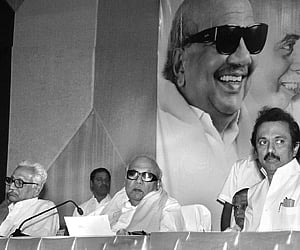 STOCK TAKING: DMK chief and Chief Minister M Karunanidhi and Deputy Chief Minister M K Stalin during a meeting with the party functionaries from Puduk