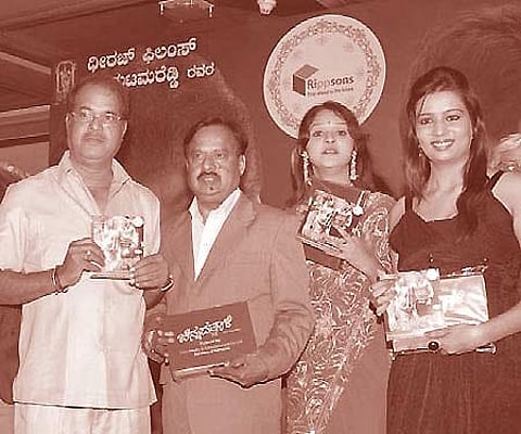 (From left) Srinivas of Listo Media Entertainment, Tilak, Chalapathi, Jagannatha, Tungasree and Swetha at the audio launch. ENS
