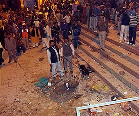 The scene after the blast at a Varanasi temple on Tuesday. AP