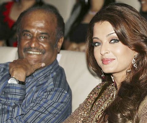 Rajinikanth and Aiswarya Rai during Robo's music launch. (Photo: Sampurn Media)
