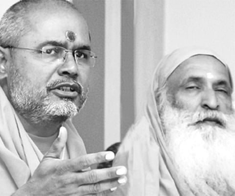 Hindu Dharma Acharya Sabha national coordinator swami Paramatmananda Saraswati addressing a news conference in Hyderabad on Thursday. Swami Chidrupana