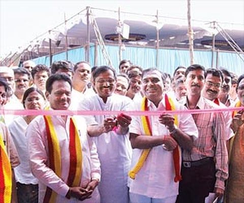 State Kannada Sahitya Parishat president K Nallur Prasad inaugurating the media centre at Sri Channabasaveshwara Taluk Stadium in Gangavathi.