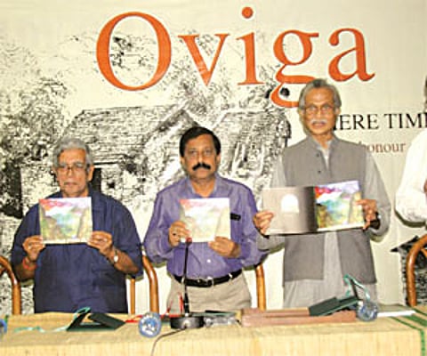 J P Das (2nd from right) releases the book ‘Oviga’ by Dinanath Pathy (Extreme Left) in Bhubaneswar on Sunday - Expressphoto