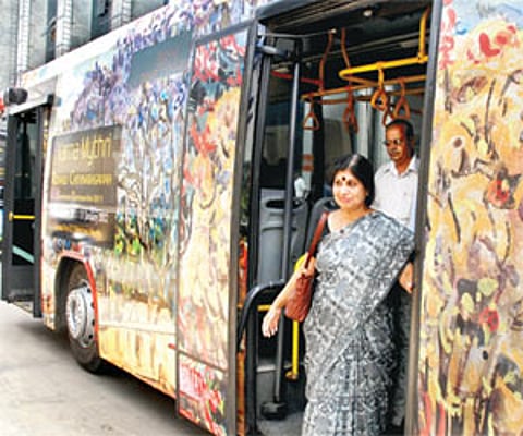 A BMTC bus displaying Rumale Chennabasavaiah’s painting ahead of Varna Mythri exhibition in Bangalore on Saturday | EPS