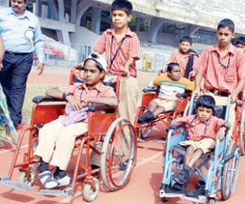 On the eve of World Disability Day, students participating in a sports meet organised at Kanteerava Stadium | KPN