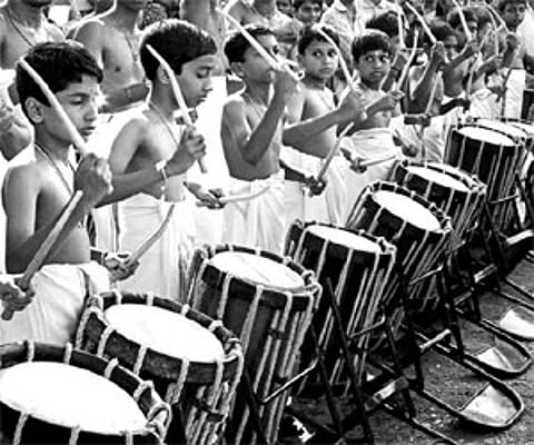 SYMPHONY OF CHILDHOOD: Though not well-experienced in 'melam', the young boys did not lose the rhythm. A scene from the cultural procession of the Sta
