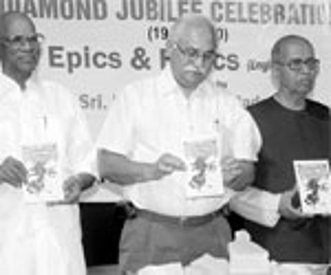 AP State Finance Corporation chairman J Rambabu (second from left) releasing the English edition of the book, Epics and Ethics, at a function in Hyder