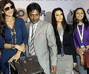 IPL Commissioner Lalit Modi, Shilpa Shetty, Preity Zinta and Deccan Chargers owner Gayatri Reddy after the player auction in Mumbai. (AP)