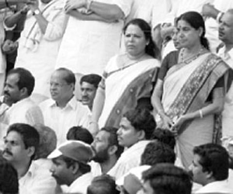 K Karunakaran, T M Jacob and K Muraleedharan with M P Gangadharan during a Secretariat seige programme of the DIC(K) in Thiruvananthapuram