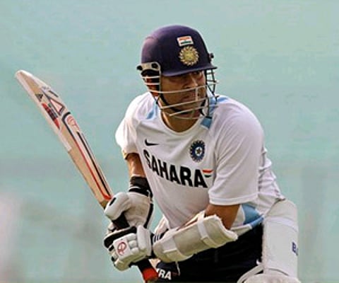 Sachin Tendulkar bats during a practice session ahead of the second test cricket match against West Indies in Kolkata on Nov. 12. (AP)