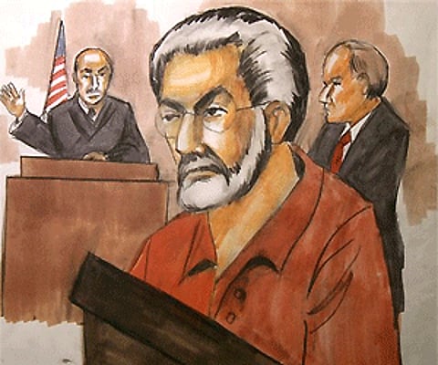 In this file courtroom artists drawing Chicago businessman Tahawwur Ranaappears before Judge Matthew Kennelly in Chicago's federal court. AP