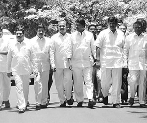 TDP delegation coming out after interacting with Srikrishna panel members in Hyderabad on Wednesday.