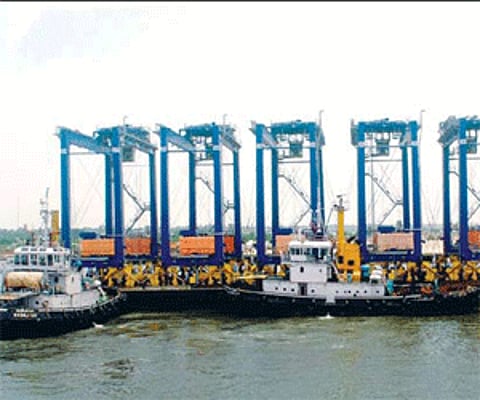 The barge carrying the first set of six rubber-tyred gantry cranes, imported from Abu Dhabi for installing at the Vallarpadom International Container