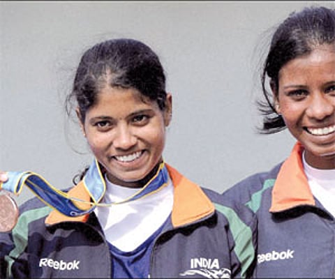 Pratima Puhana and Pramila Prava who won bronge for the women’s pair rowing event of the 16th Asian Games at Guangzhou on Friday.(EPS)