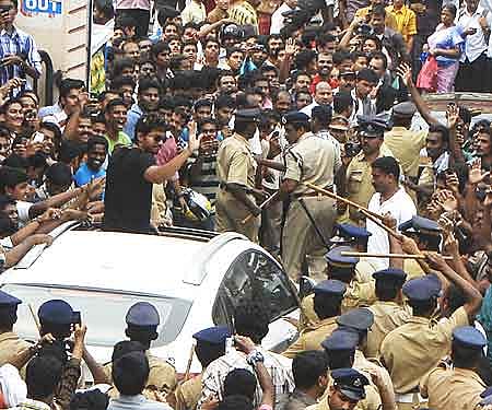 A section of the crowd that had turned up to greet Vijay at Saritha Theatre in Kochi on Saturday| Express Photo by PK Jeevan Jose.