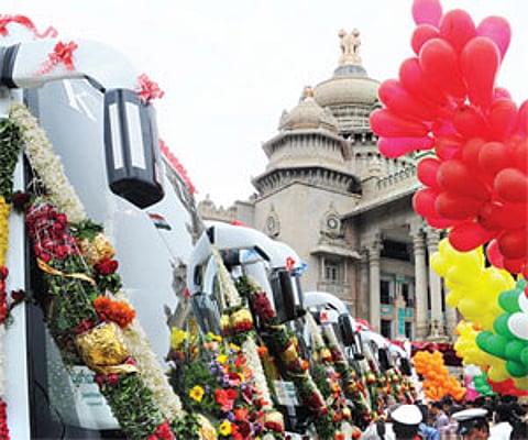 Forty new Airavat Club Class buses have been added to KSRTC’s fleet. The bus has reclining seats and power points to charge mobile phones and laptops