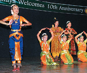Students perform at the Narada Gana Sabha during the 10th anniversary celebrations of Padmalaya.