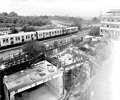 Construction in progress for the RUB between Fatehnagar and Nature Cure Hospital railway stations.
