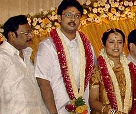 Durai Dayanidhi and new bride Anusha with MK Alagiri. (Photo: EPS)