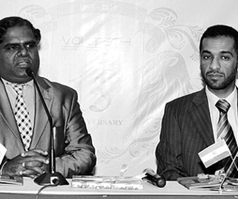 M Umapathi (L), MD, Voltech Group, and Khalid Al-Jumaid, group senior VP, Mohawarean Int’l Group, Riyadh, Saudi Arabia, addressing the media
