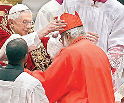 Archbishop Mar George Alencherry, the Major Archbishop of Ernakulam-Angamaly diocese of the Syro-Malabar Church receives the cardinal's hat. AP