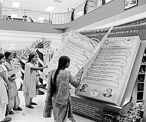 FOUNT OF KNOWLEDGE: World biggest Kural on display at the VIT library, which was inaugurated by the Vellore district collector on Monday.(ENS)