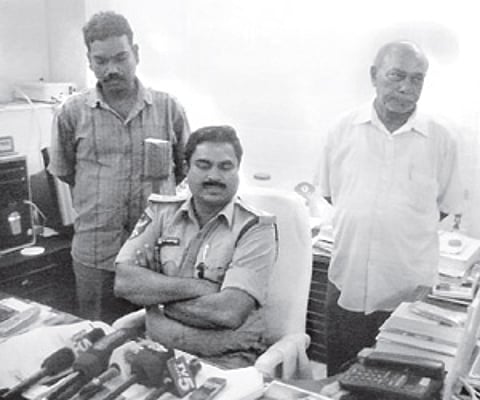 Nagachaitanya’s ex-husband Arun Kumar and father Purushothama Rao speaking to mediapersons in the presence of police superintendent E Damodar in Nello