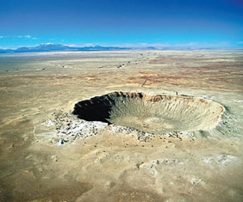 The famous ones: The Barringer Meteor Crater in Arizona rises 150 feet above the floor of the surrounding Arizona desert.