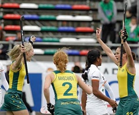 Australia's Madonna Blyth celebrates after scoring her team's first goal during a 2010 Women's Hockey World Cup match against India in Rosario. (AP)
