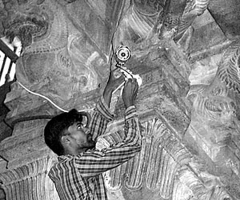 The CCTVs being installed in the Ramanathaswamy temple on Monday