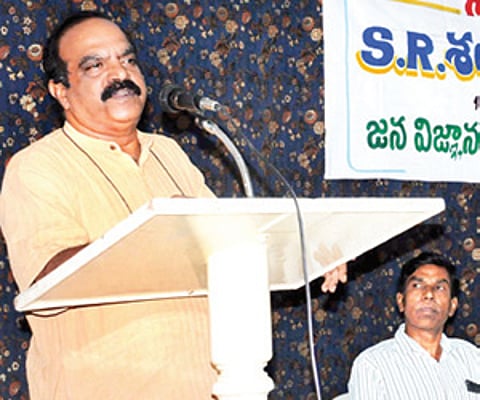 BGVS national president Krishna Kumar speaking at SR Sankaran’s condolence meeting at Sundaraiah vignana kendram in Hyderabad on Tuesday.