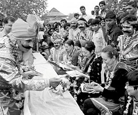Mantris of King Kansa interact with tourists at Mathura (Bargarh Town) on Monday I Express Photo