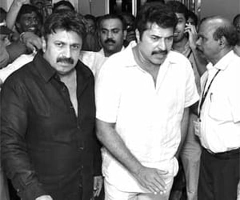 Actors Mammootty and Siddique at MIMS Hospital in Kozhikode on Monday to visit Jagathy Sreekumar | T P Sooraj