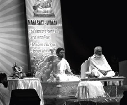 Jain monk Ajitchandra Sagar and his master Nayachandra at the Shanmukhananda Hall in Mumbai on Sunday