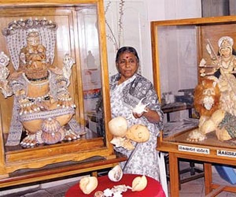 Y Jayamma of Mysore displaying her art works made out of shells and conches | S Udayshankar