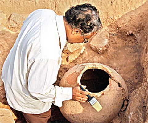 Earthern pot: Excavated from a site a few hundred metres away from the turtle-shaped structure