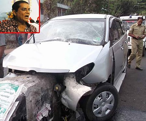 The car in which Jagathy Sreekumar was travelling; inset: Jagathy Sreekumar.