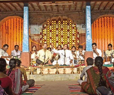 Father Joseph Thattarachery performing Chapel Bhajans at the Chettiar Chathiram