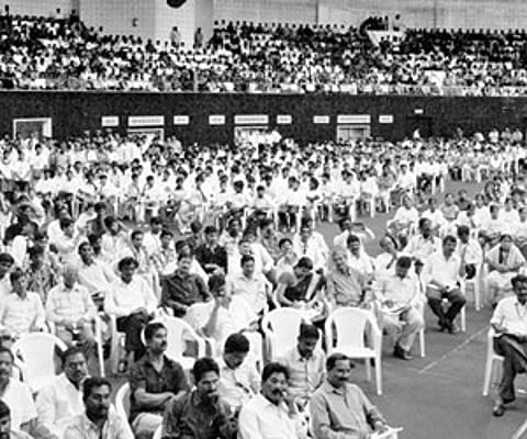 People at the inauguration of Rajiv Yuvakiranalu programme at Gachibowli Indoor Stadium in Hyderabad on Monday.