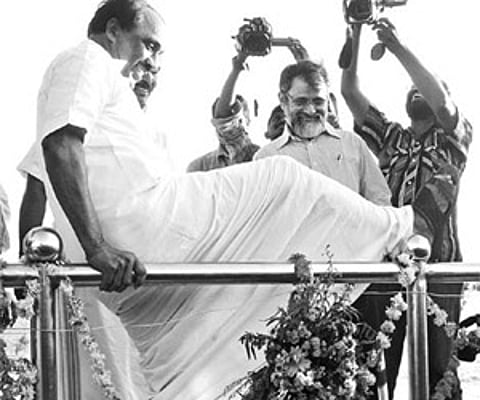 Excise and Ports Minister K Babu ventures for a daring jump from the 500-tonnes SWL Bollard Pull Test facility in Vizhinjam. (EPS)