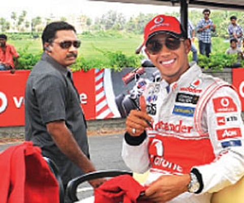 vroom: Lewis Hamilton at the track on Nice Road, Bangalore on Tuesday | NAGESH POLALI