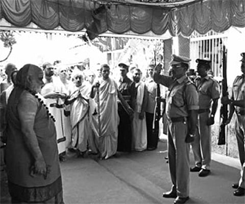 Sringeri Sharada Peetham Matadhipathy Sri Sri Bharati Theertha Swamiji being accorded a Guard of Honour at the Sri Bharati Theertha Veda Patasala at A