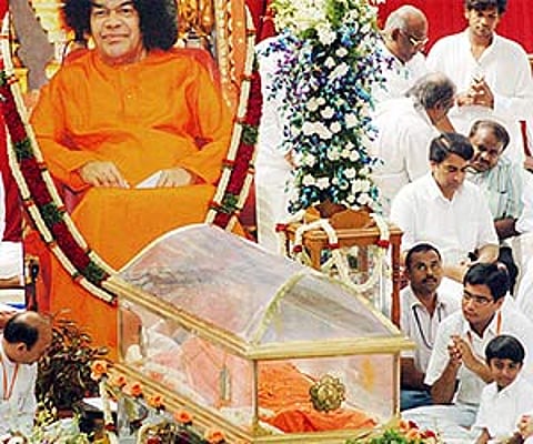 Devotees paying respects to Sathya Sai Baba at Puttaparthi on Tuesday (Express photo).