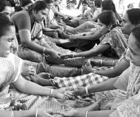 Resource teachers and parents are seen indulged in acupressure sessions at Sathram School on Tuesday | Kaviyoor Santhosh