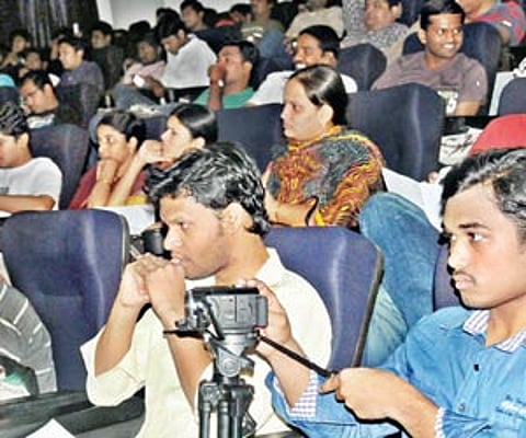 Audience watching the short films being screened at the St Mary’s College in Yousufguda in Hyderabad on Saturday