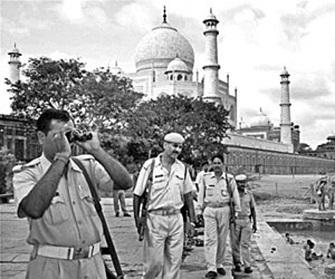 Securitymen patrol near Taj Mahal on Sunday. Security has been beefed up following Saturday’s blast in the city|PTI