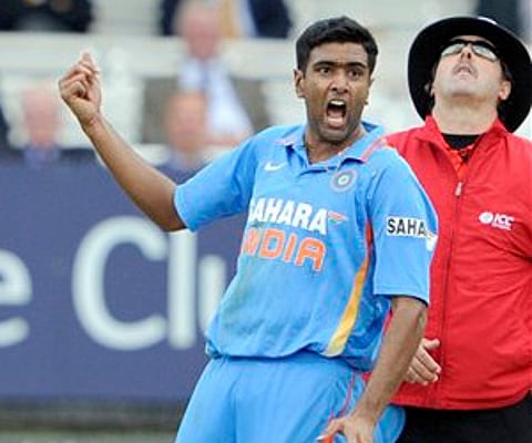 Ashwin celebrates after claiming the wicket of Ben Stokes during their ODI match at Lord's cricket ground on Sunday Sept. 11, 2011.(AP)