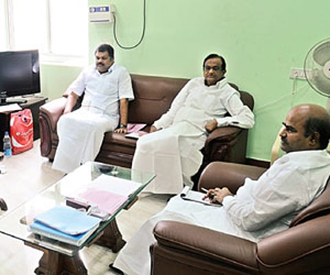 Jayanthi Natarajan, K Jayakumar, G K Vasan, P Chidambaram, K V Thangkabalu at a meet in Chennai on Sunday. (Express Photo)